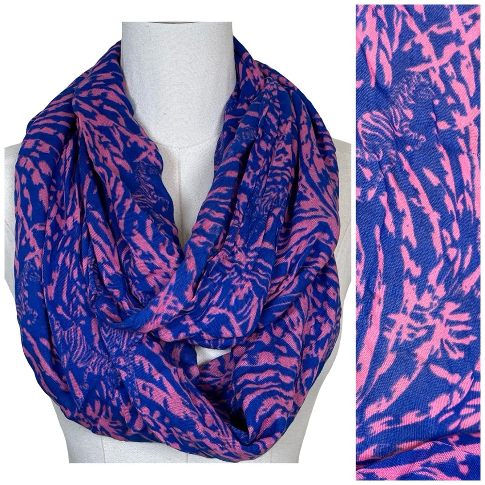 Lilly Pulitzer Infinity Scarf Blue Pink Zebra Print Rayon Tropical Resort Preppy